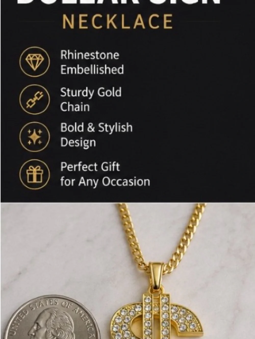 Gold Dollar Sign Pendant Necklace with Crystal Accents - Men Accessories